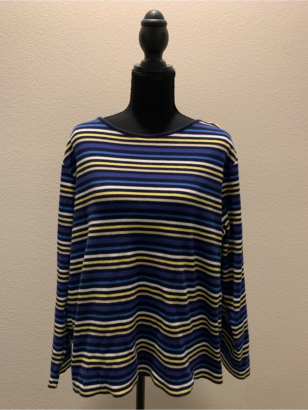 Liz Claiborne Blue, Yellow & Cream Striped Boatneck Top (Size 1X)